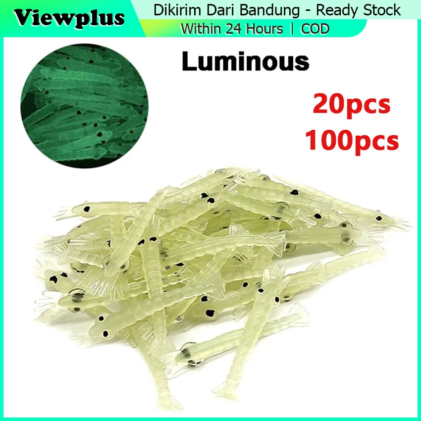 100Pcs Umpan Pancing Udang Tiruan Kecil Bercahaya Soft Lure Luminous Udang Palsu Mancing 4cm