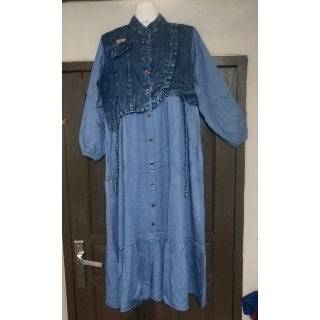 Midi Dress Premium Kombinasi Blue Jeans Snow & Rayon Twill. kekinian