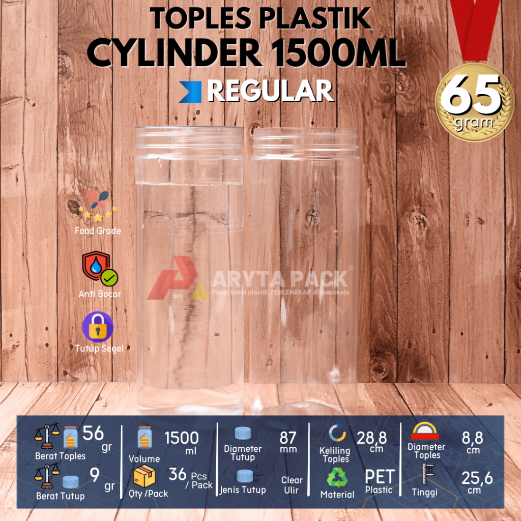 Toples plastik PET 1.5 liter 1500ml silinder cylinder jar tabung kue snack cookies tutup clear warna