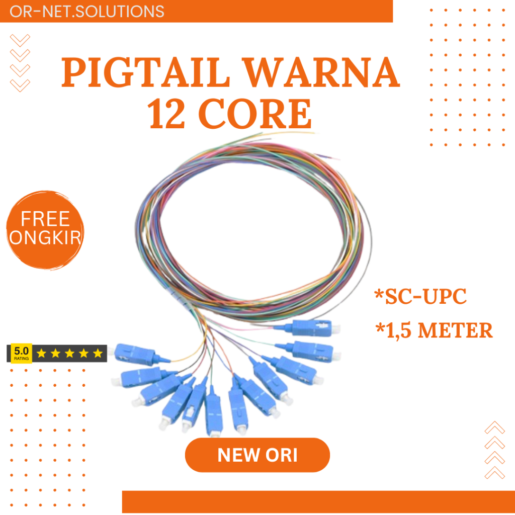 [Free Ongkir] Kabel FO Pigtail 12 Core Warna Rainbow SM SC-UPC Panjang 1,5 Meter Diameter 0,9 Mm