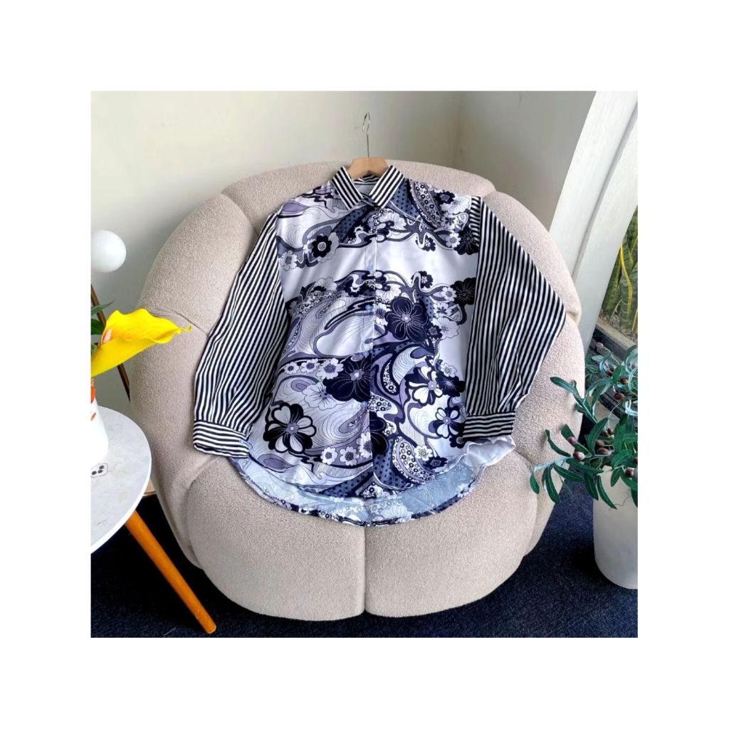 Kemeja Rayon Salur | Kemeja Rayon Motif | Blouse Rayon | Atasan Rayon Motif | Kemeja Jumbo | Atasan 