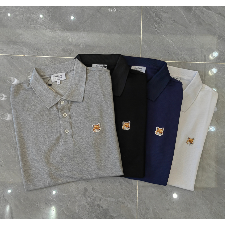 Maison Kitsune Polo lengan pendek unisex warna solid kepala rubah klasik 6602#