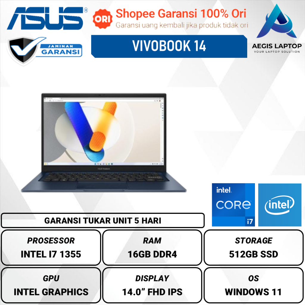 Asus Vivobook 14 A1404VA / X1404VA Intel Core i7 1355 16GB 512GB W11 14 inch FHD IPS