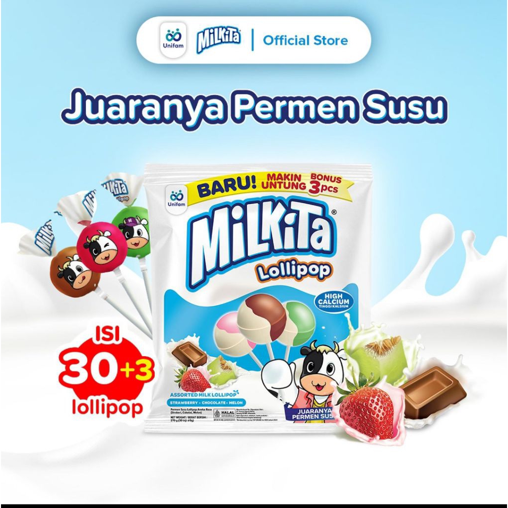 milkita lolipop refill 1 bag isi 30+3pcs rasa coklat strawberry melon