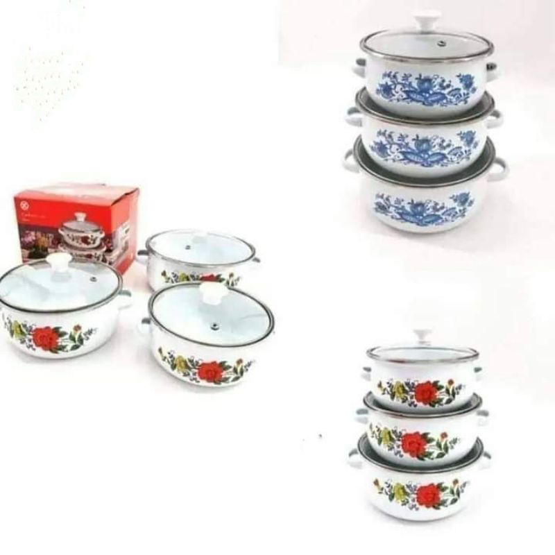 Panci Bunga Set Enamel Susun Tutup Kaca