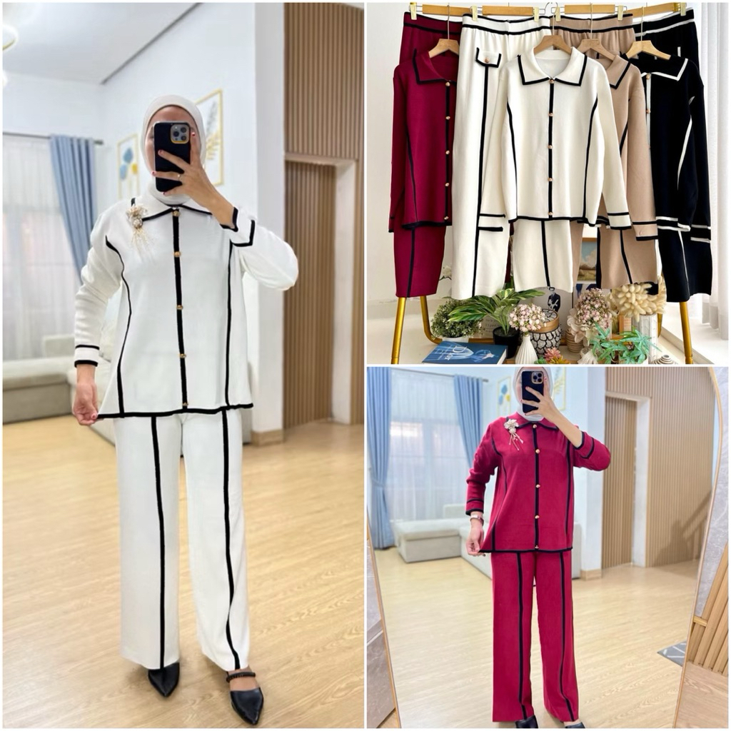 TATAOS BANGKOK ELEYA ONE SET SETELAN LIST BLOUSE KEMEJA CELANA KULOT HIGHWAIST KNIT RAJUT IMPORT