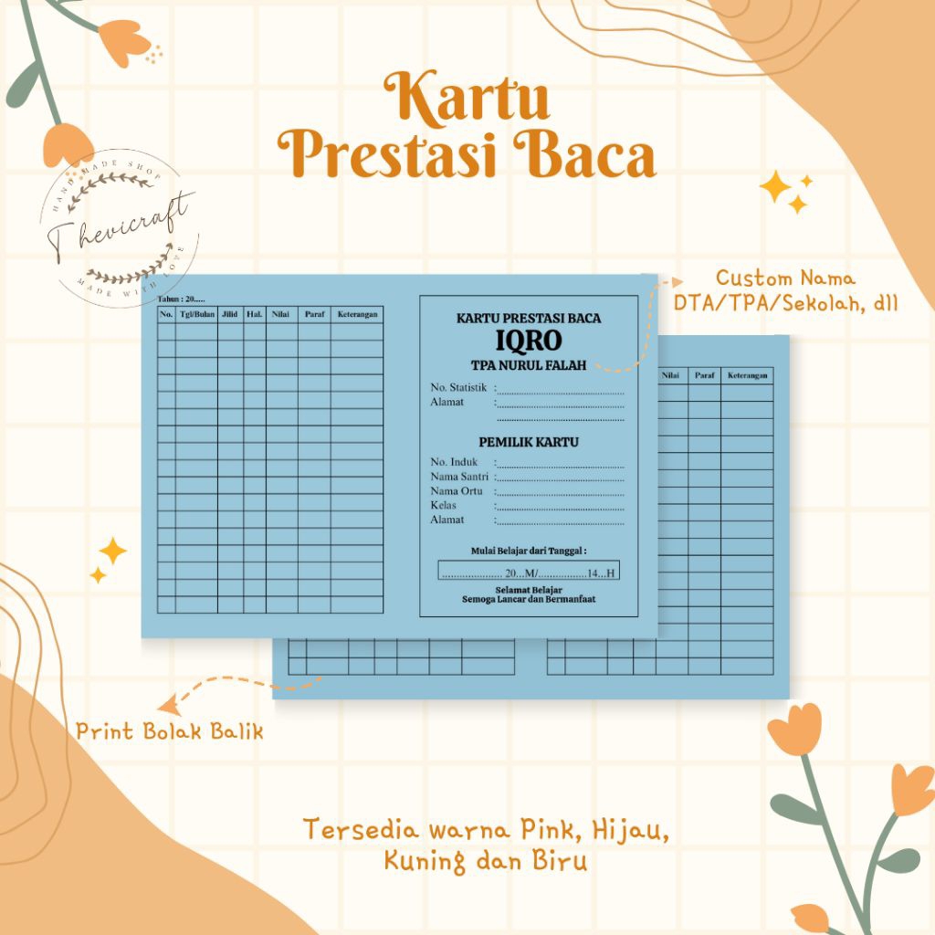 

(ISI 20 LEMBAR) Kartu Prestasi Baca Iqro A5 Bolak-Balik Custom Nama DTA/TPA/Sekolah,dll