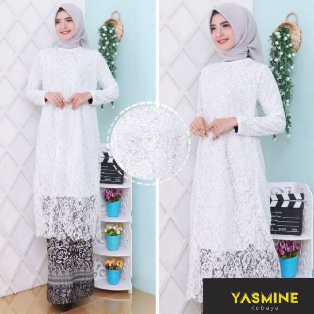 Kebaya Brokat Tunik Modern / Set Tunik Brokat Putih Muslimah /Set Brokat Tunik Ibu Hajat Kondangan /