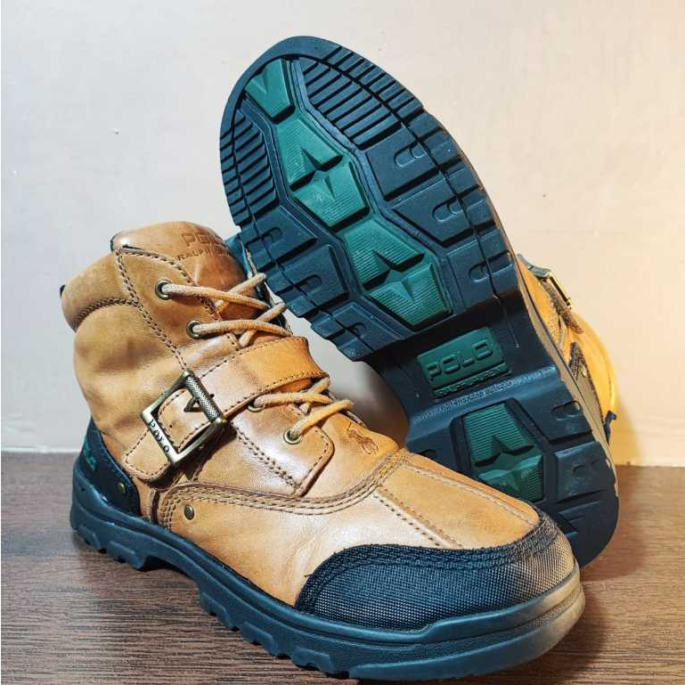 Polo Ralph Lauren Sepatu Boots Wanita Kulit dengan Tali Gesper dan Sole Biru Hijau