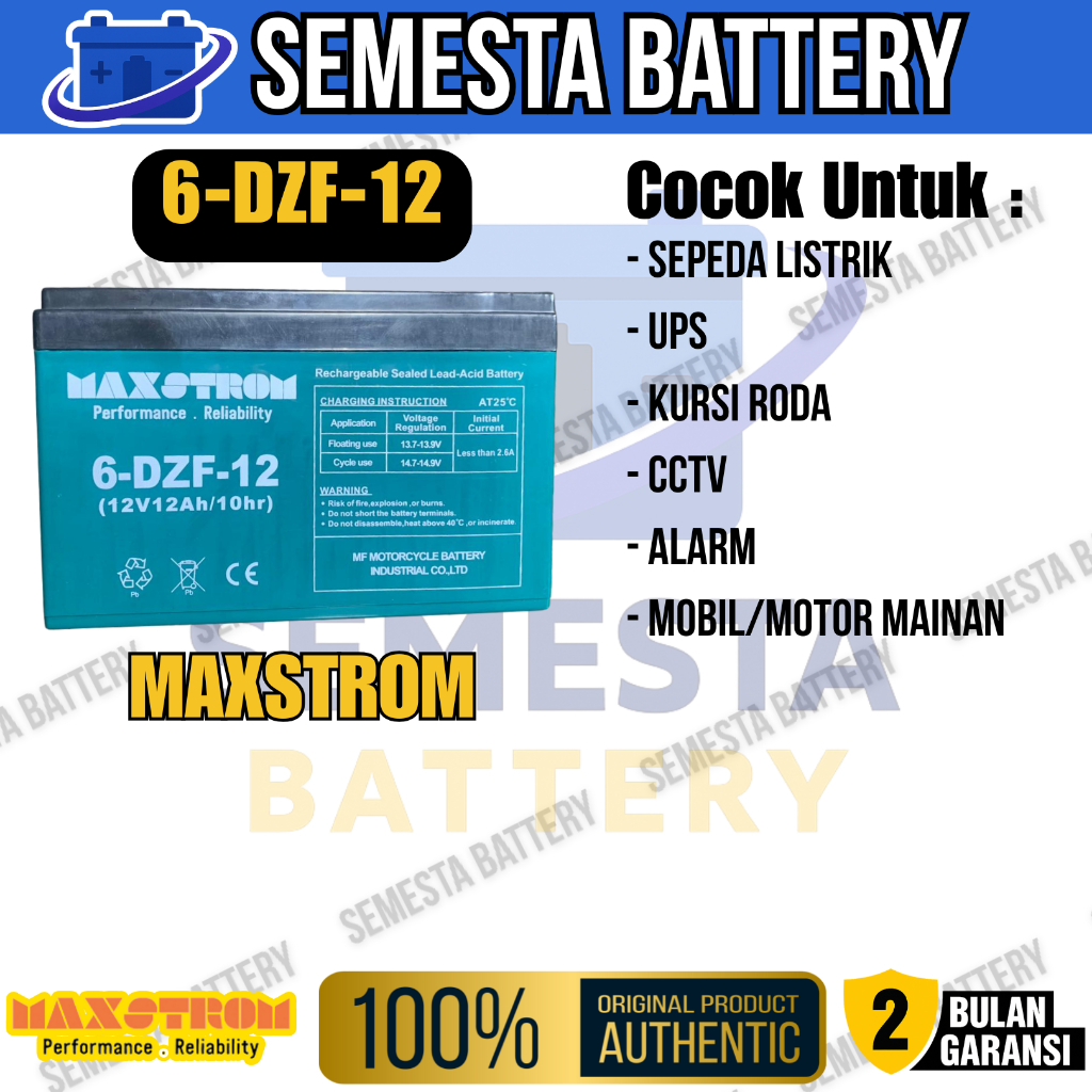 Aki Sepeda Listrik MAXTROM 6-DZF-12 – Cocok untuk Sepeda Listrik, UPS, Kursi Roda, CCTV, Alarm, Main