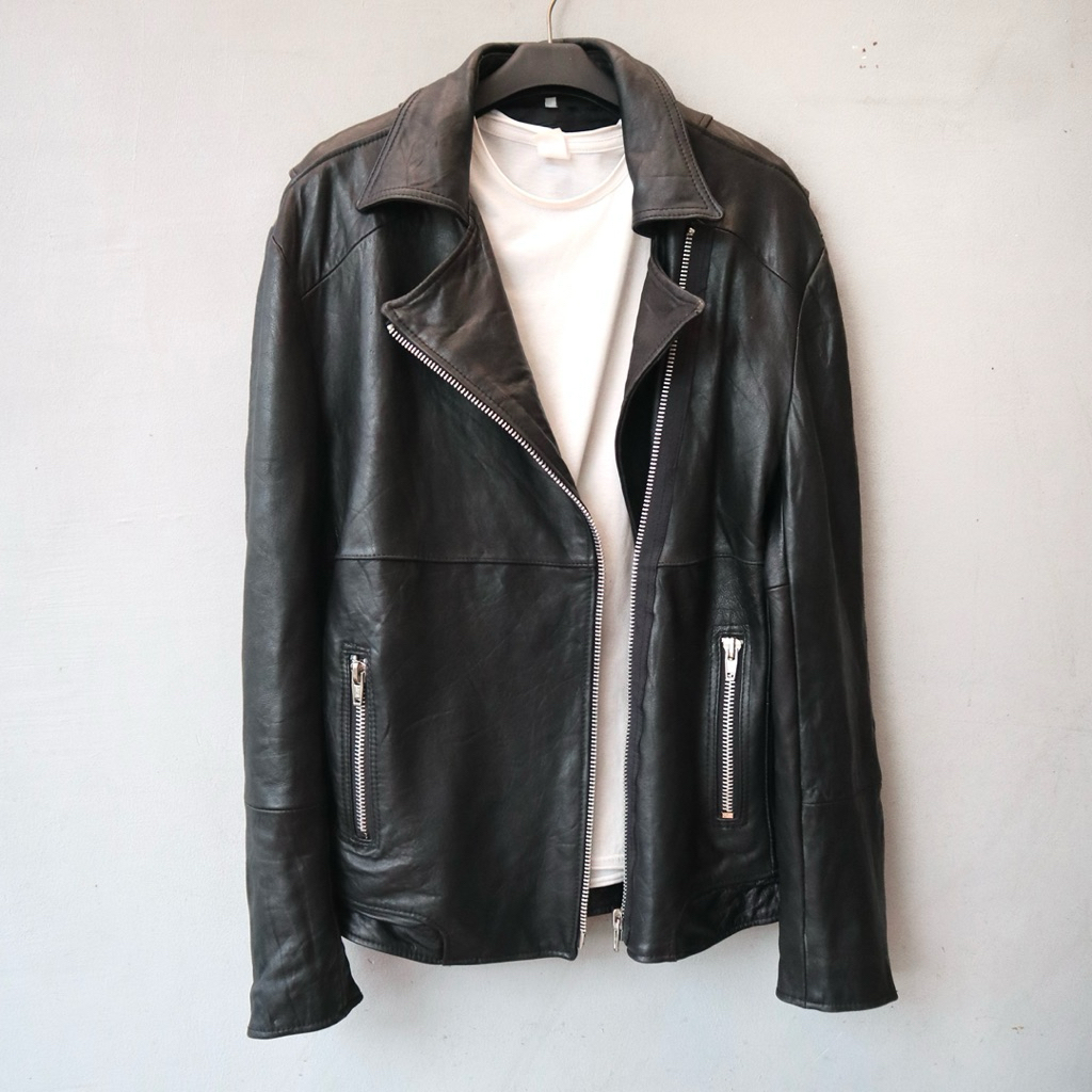 Jaket kulit asli domba L slim kerah daun ramones jaket motor biker rider preloved second unisex