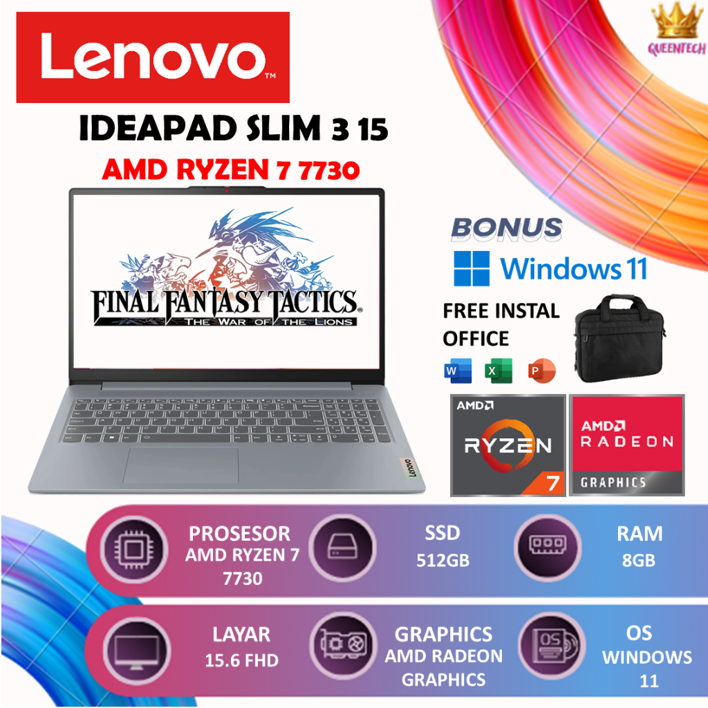 LENOVO IDEAPAD SLIM 3 15 AMD RYZEN 7 7730 [8GB/512GB] Windows 11 FULL HD