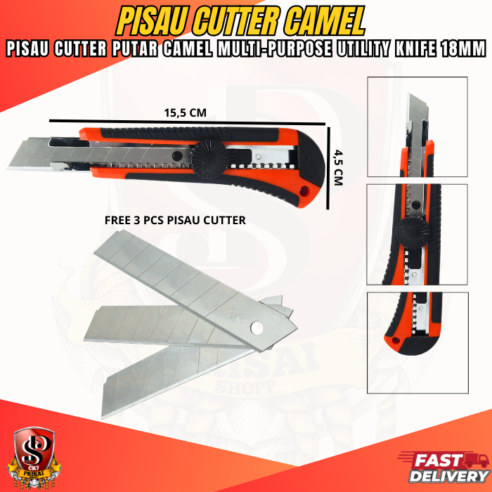 

Pisau Cutter 18mm Camel Putar Tajam Presisi FREE 3 PCS ISI PISAU CUTTER / Pisau Cutter Multi-Purpose Utility Knife 18mm CAMEL