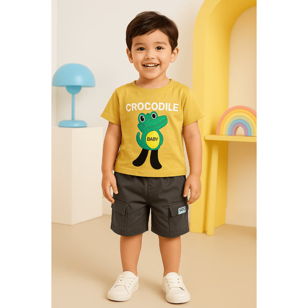 Little Trendies Setelan Kaos Anak Crocodile 3D Timbul - Setelan Kaos Anak Bahan Katun Adem Timbul