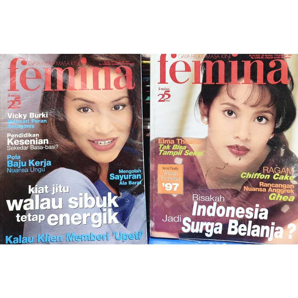 2 BUKU MAJALAH FEMINA BEKAS JADUL VICKY BURKI ELMA THEANA