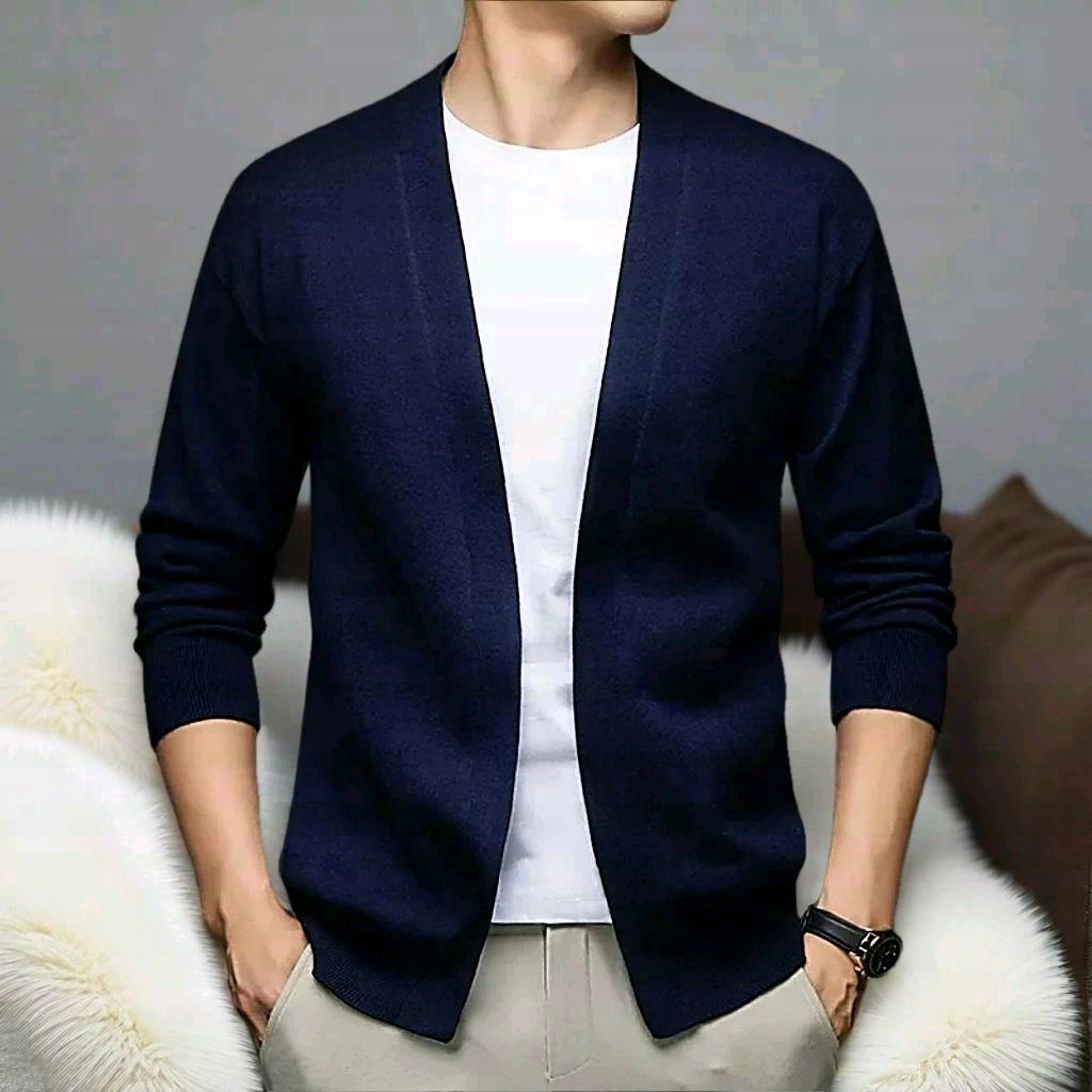 Cardigan Pria Polos Casual Trendy Modern Lengan Panjang Tanpa Kancing Cotton Rajut Halus Premium Kni