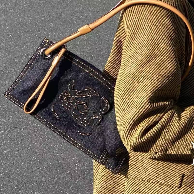 Vintage denim handbag loewe patchwork embroidered pattern tas tangan horizontal tote wandering patch