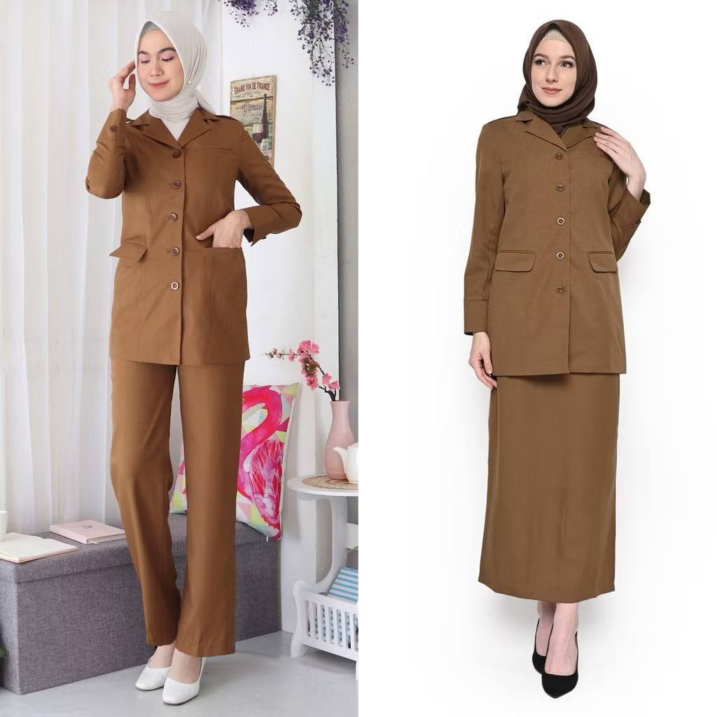 [PREMIUM] Seragam PNS Pemda Wanita Khaki Tua dan Khaki Muda Baju ASN Pegawai Negeri/Bahan Hightwist 