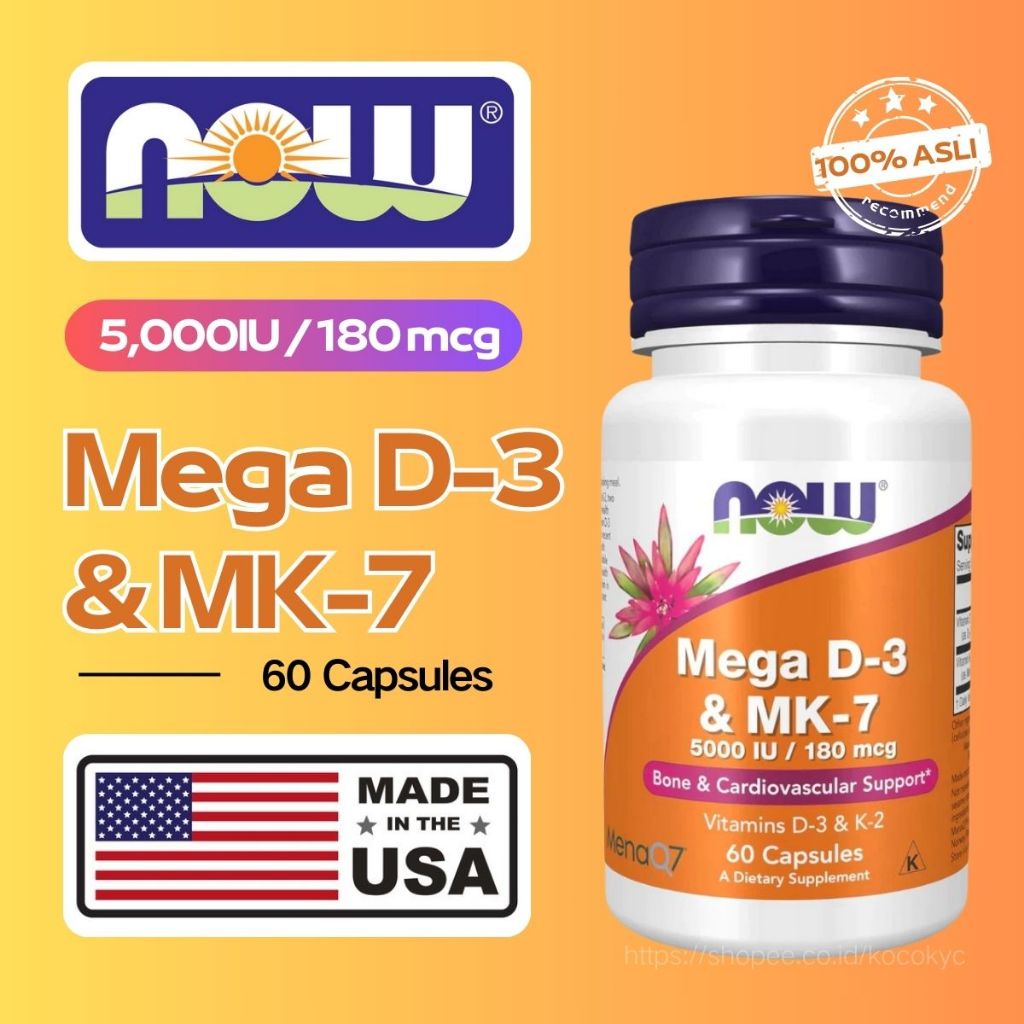Now Foods Vitamin Mega D3MK7 D-3 MK7 D3 & K2 MK-7 180 Mcg 5000 IU 60 Veg Capsules / Vitamin D3 K2