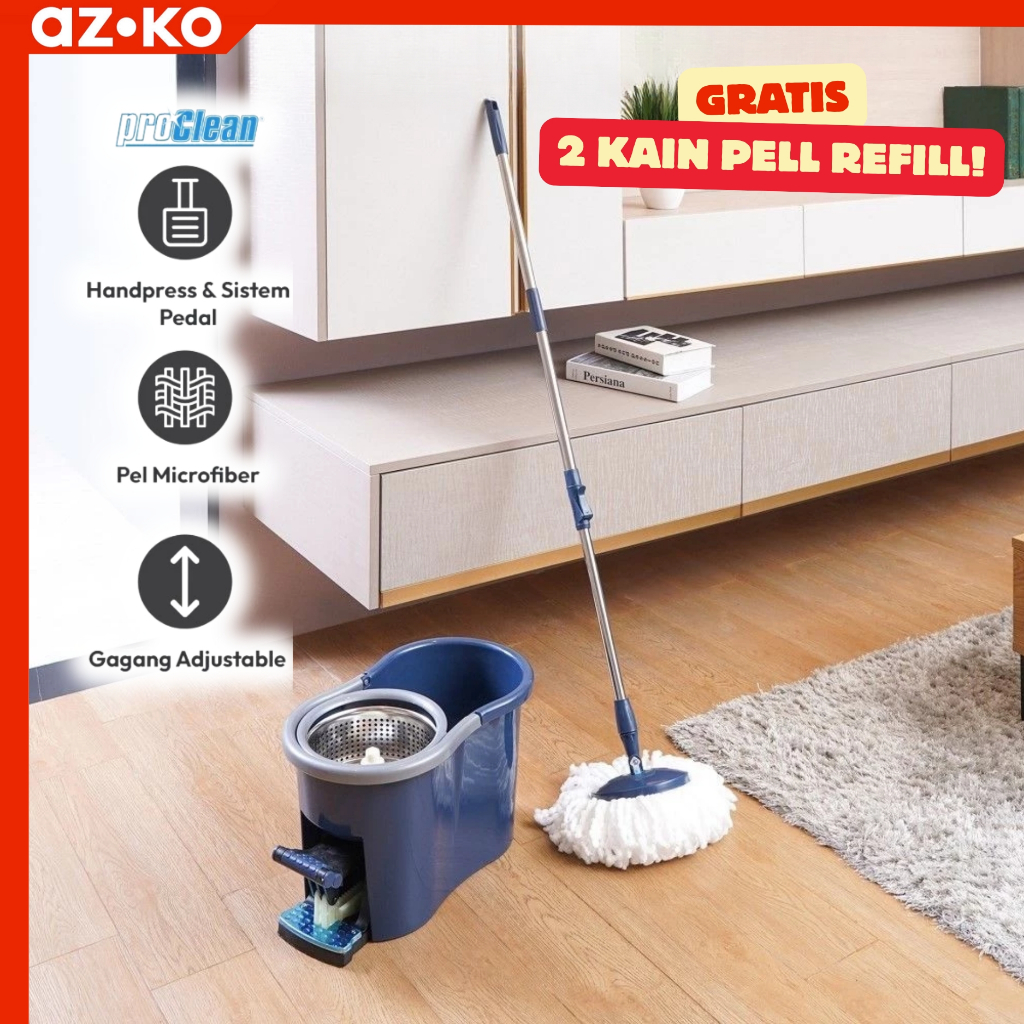 Alat Pel Super Mop Spin Mop 3 in 1 ProClean Set Alat Pel Putar Dengan Ember Peras By Azko Indonesia