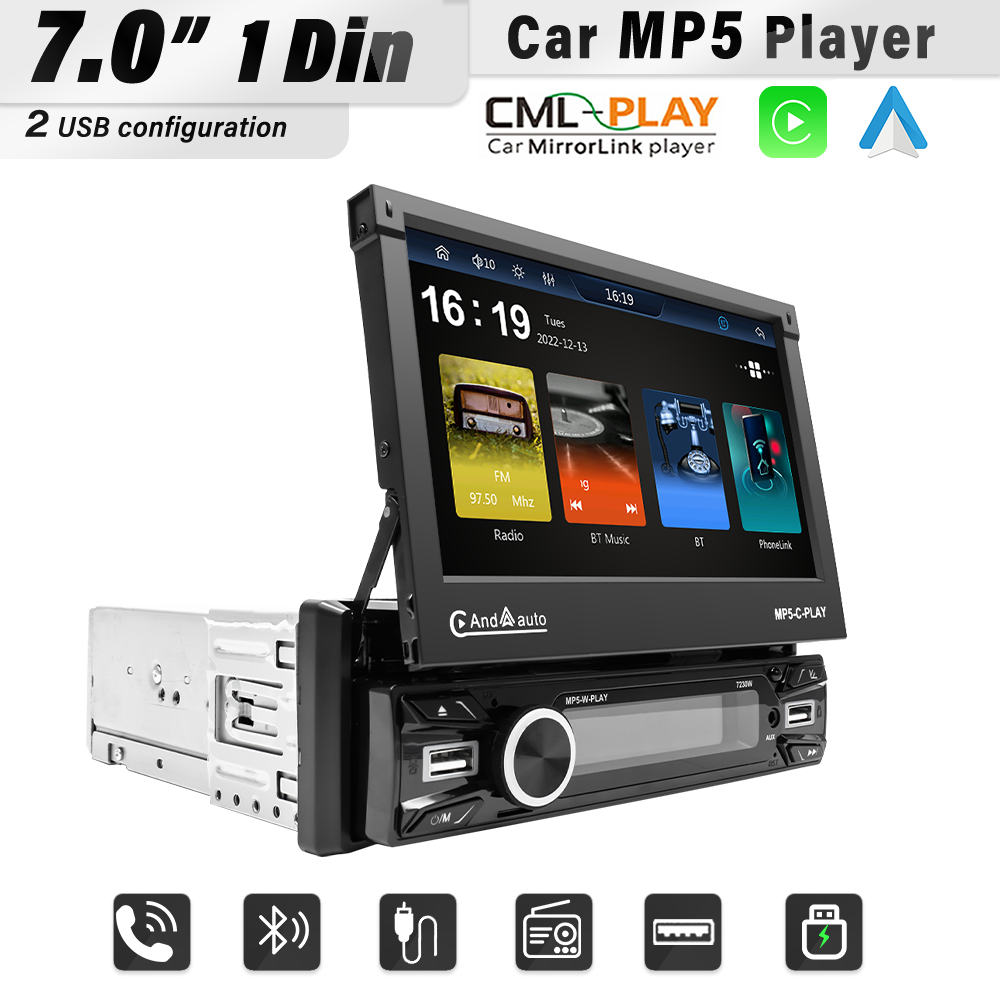 ✨REAKO✨7 Inci Pemutar MP5 Multimedia Video 1Din dengan Android Auto & CarPlay Nirkabel, Layar Sentuh
