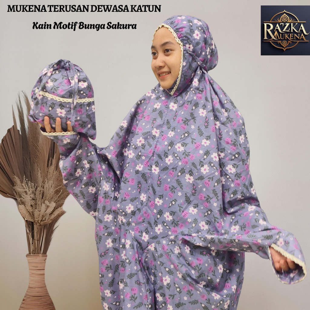 Mukena Travel Dewasa Kain Katun Motif Renda Rajut Model Terusan Indah Bonus Tas