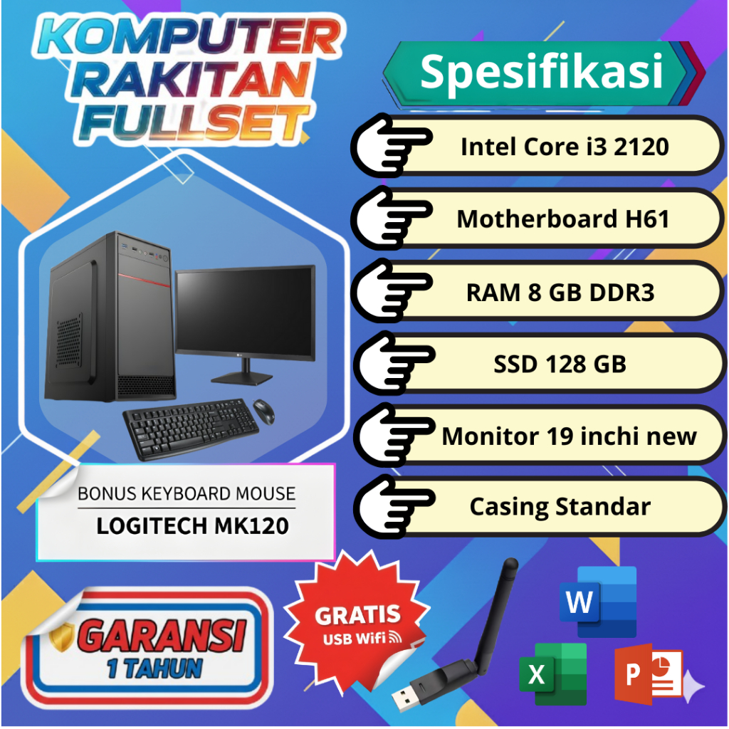 Paket Komputer PC Rakitan Core i3 2120 RAM DDR3 8GB SSD 128GB Komputer Fullset PC Fullset