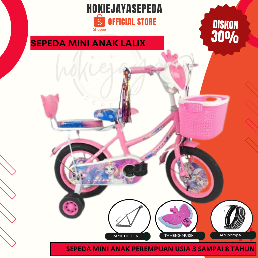 [ SALE ] Sepeda Anak Perempuan LALIX 12 16 18 INCH Musik - lampu - Kranjang - Boncengan - roda sampi