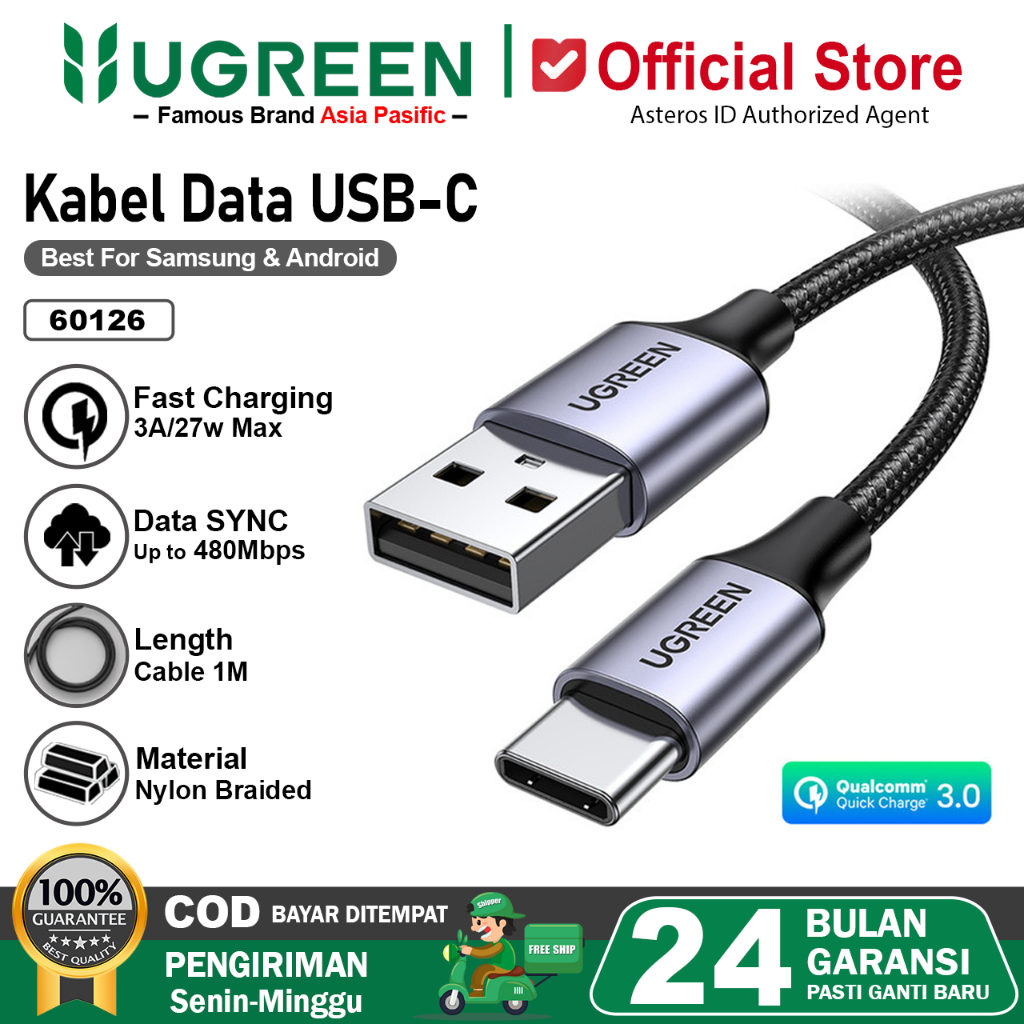 UGREEN Kabel Data USB Type C Nylon Braided Fast Charging 3A 1M 2M 3M