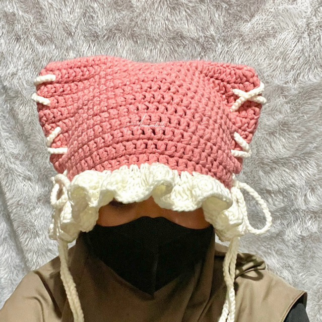 Areumdalli - Cat Ear Beanie Coquette | Crochet Cat Ear Beanie | Crochet Beanie