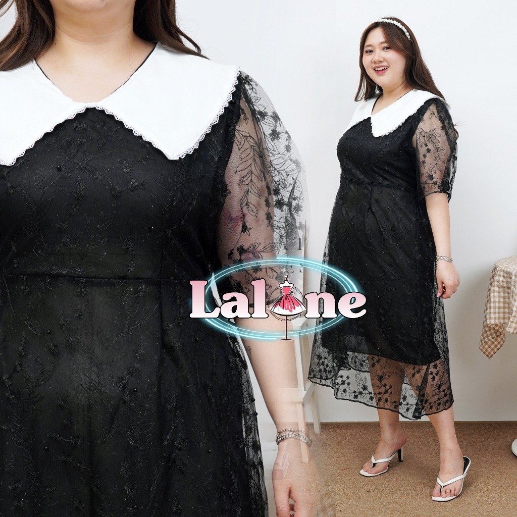 Dress Jumbo Lace Wanita Ld 130 Pakaian Gaun Pesta Kondangan Super Mewah Dress Bigsize Risha Kerah
