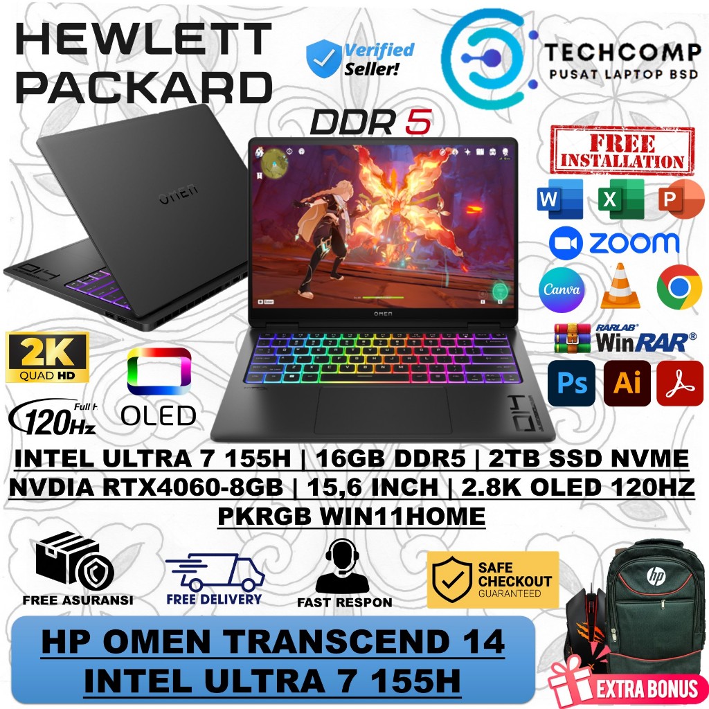 Laptop Gaming HP OMEN TRANSCEND 14 ULTRA 7 155H RTX4060 16GB 2TB SSD 2.8K OLED 120HZ RGB W11