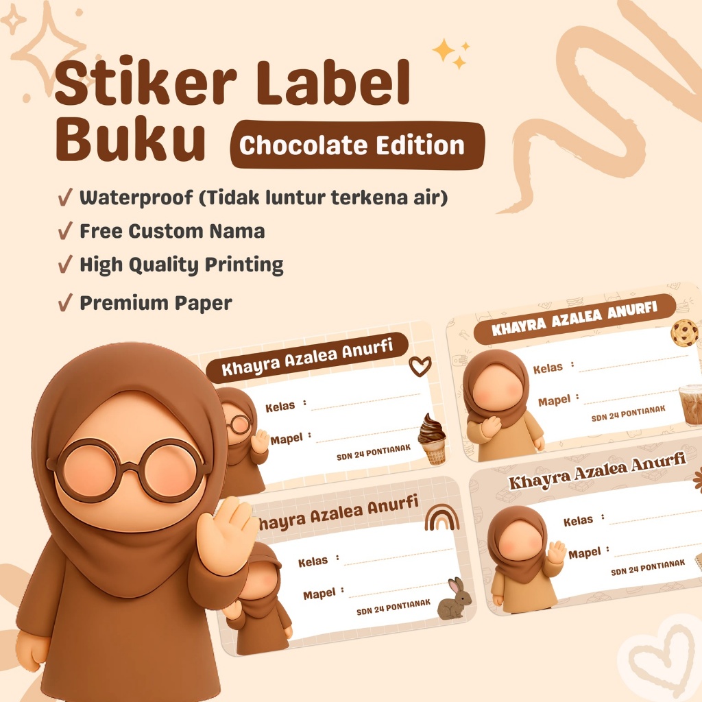 Stiker Label Buku Sekolah Anak Perempuan Muslimah – Chocolate Edition (Free Custom Nama)