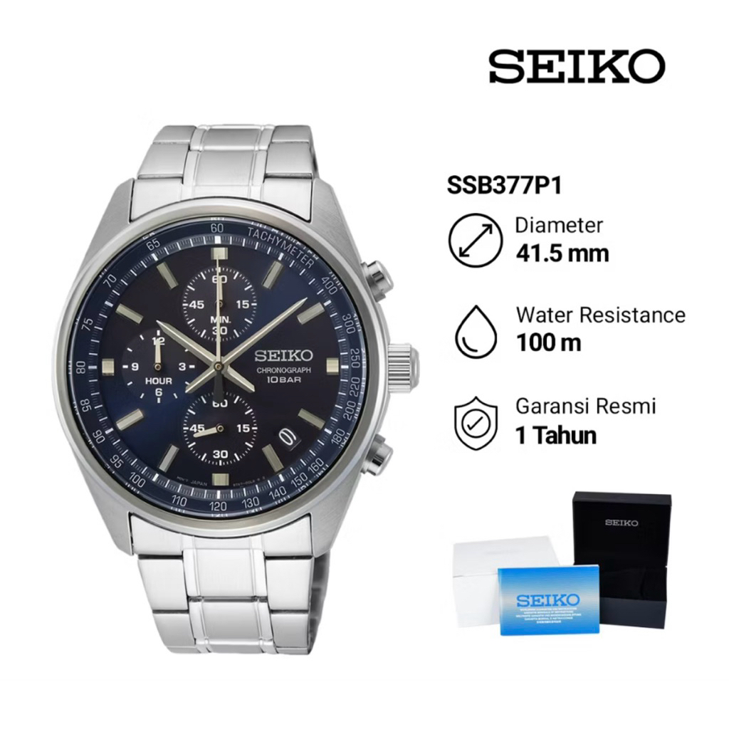 preloved Jam Tangan Pria Seiko Chronograph SSB377P1 Dark Blue Dial Stainless Steel Strap