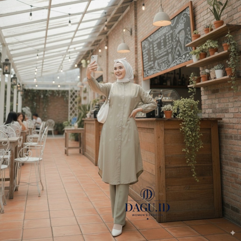 Dagu - Baju Setelan Wanita Muslimah Jumbo Tunik Kancing Depan & Celana Bordir Modern