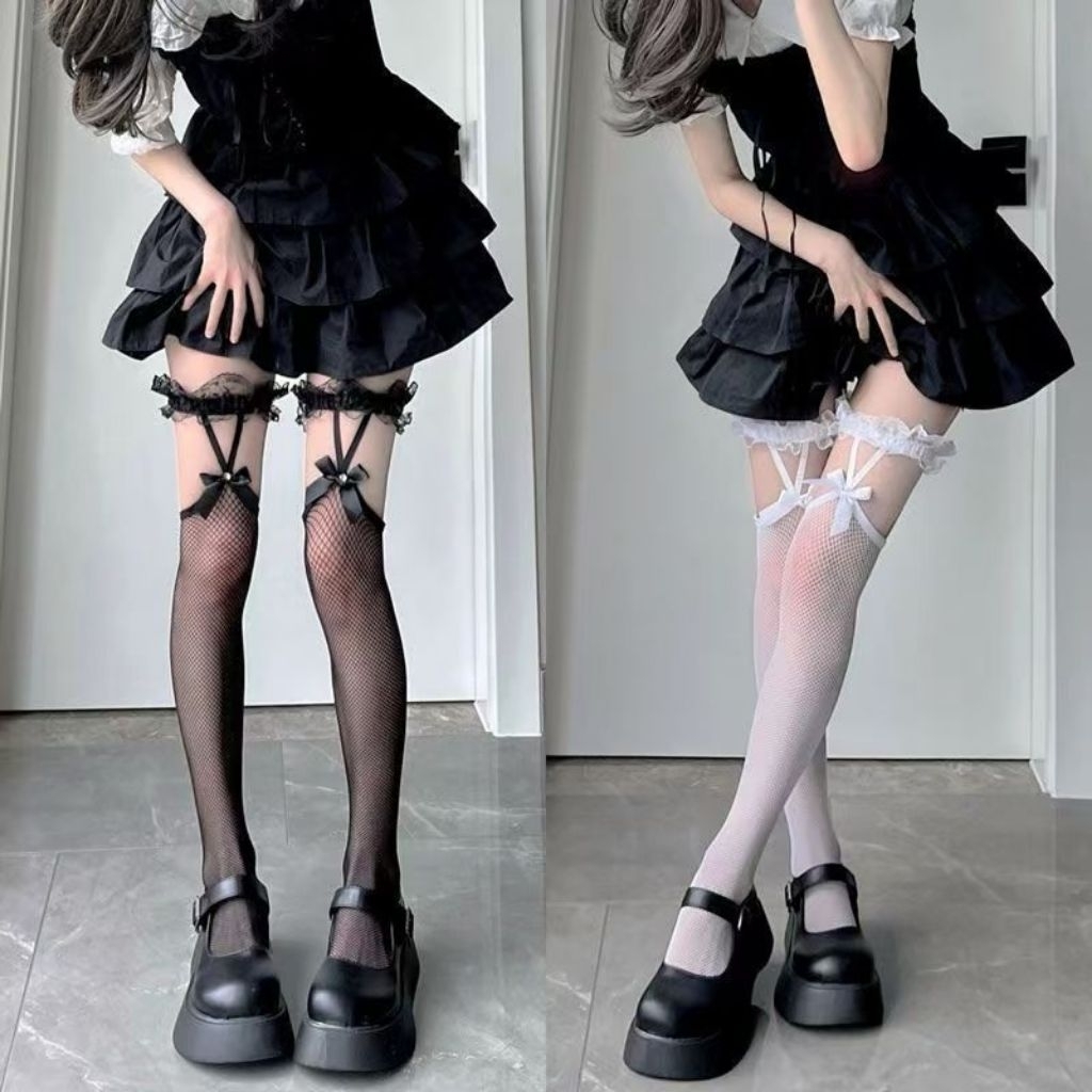 C1 Stocking renda pita bow sepaha sexy transparan pantyhose bow hitam putih stoking sexy cosplay Sto
