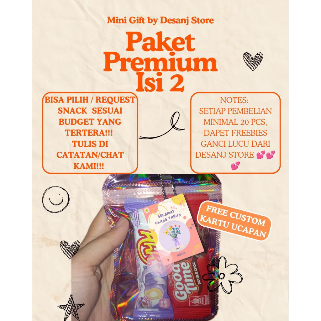 

mini gift snack ultah anak/hampers wisuda/syukuran dll- (FREE HANDTAG CUSTOM UCAPAN) -(freebies ganci) - paket isi 2 jajan