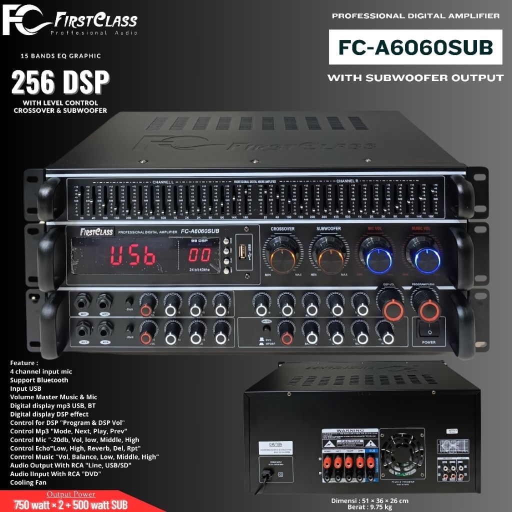 AMPLI KARAOKE FIRSTCLASS FC-A6060SUB BLUETOOTH 750WATT+500WATT ORFC A 6060 SUB
