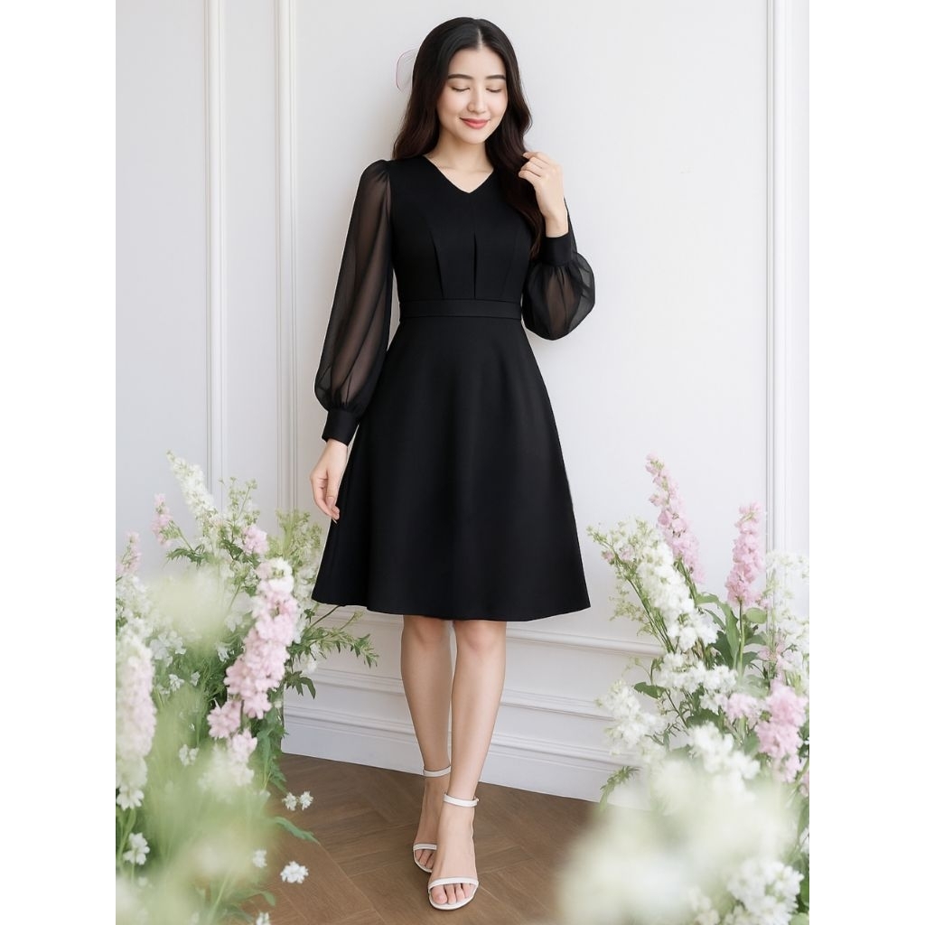 Dress Scuba Laura Gaun Wanita Modis Lengan Balon Desain Simple Elegan Cocok untuk Kondangan dan Kerj
