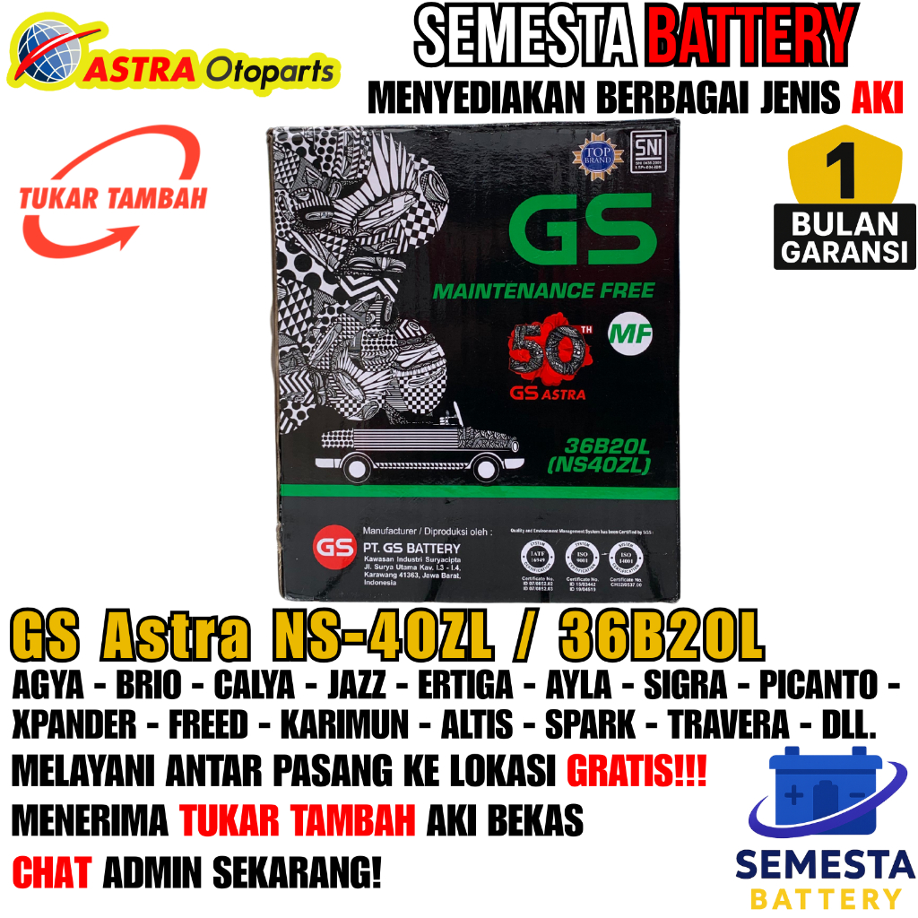 Aki Mobil GS Astra NS-40ZL / 36B20L MF – Aki Kering, Garansi 1 Bulan – Cocok untuk Agya, Brio, Calya