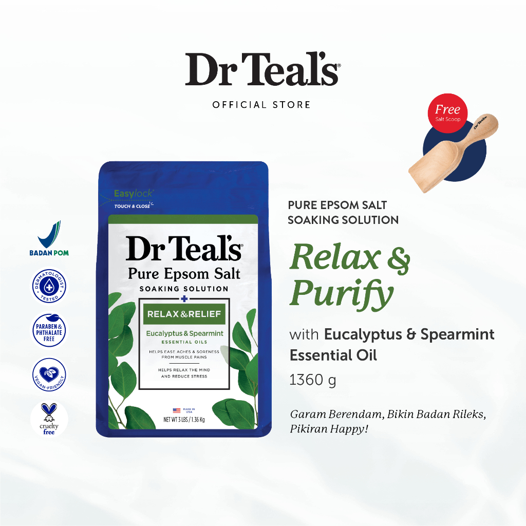 Dr Teal's Pure Epsom Salt Soaks/Garam Berendam - Eucalyptus & Spearmint Essential Oil 1.3 KG