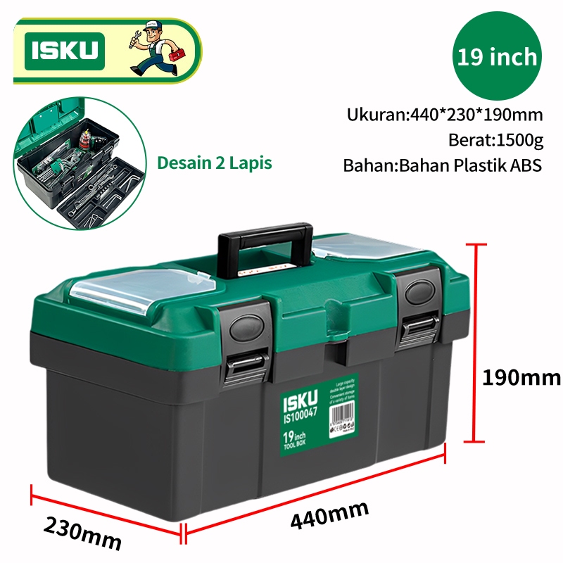 ISKU Tool Box Besar 14/17/19 Inch Plastik Box Perkakas Tahan Lama Kotak Perkakas 2 layaer  Kunci Ben