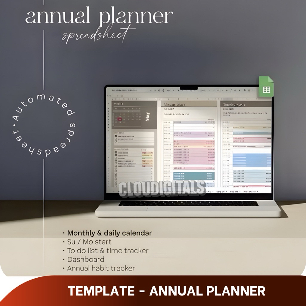 Digital Annual Spreadsheet Planner: Jadwal Harian & To Do List di Gogle Sheets, Kalender Bulanan, Ag