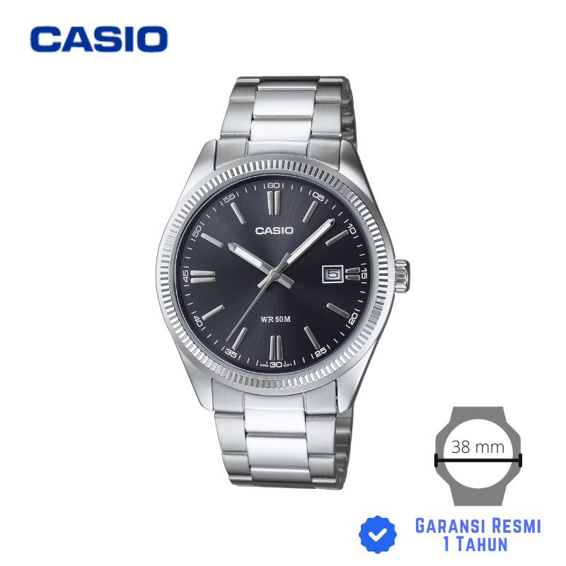 JAM TANGAN PRIA CASIO MTP-1302D-1A1 SILVER HITAM - MTP 1302D 1A1VDF Strap Stainless Steel