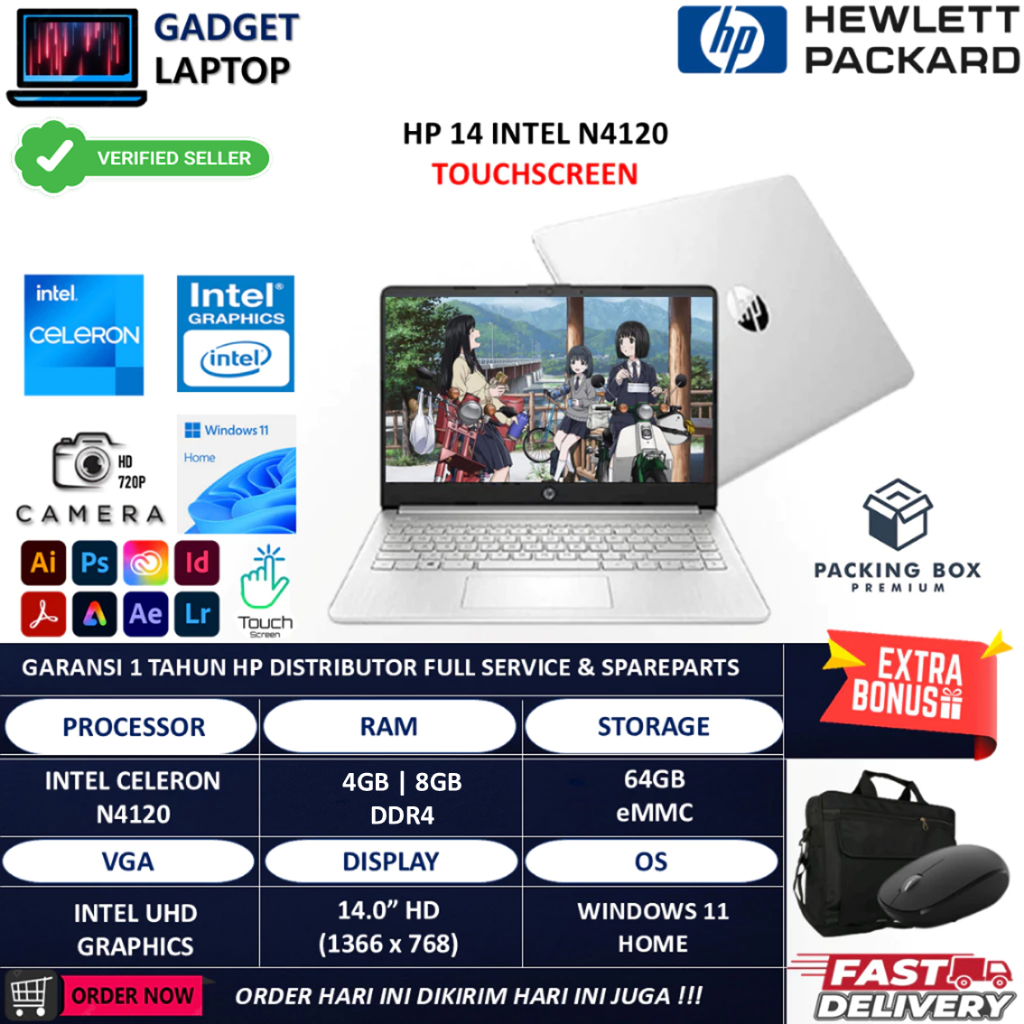 Laptop Hp 14 Intel N4120 4GB 64GB eMMC 14" Touchscreen Win11Home