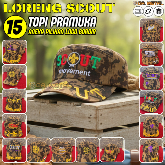Topi Pramuka Scout Loreng Digital Bordir Atribut Bahan ripstok Tali Belakang Strap Rel Aneka Model L