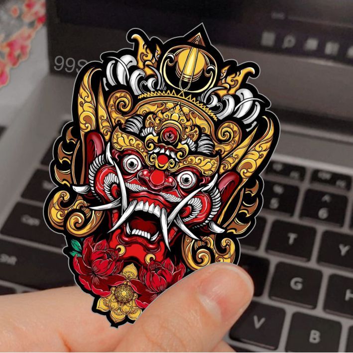 SR10, stiker testur timbul, barong sini vector, seniman bocah, barong Bali, barong, putih, hologram,