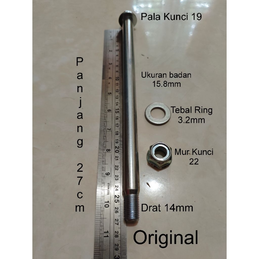 BAUT AS RODA BELAKANG MOTOR M14 PANJANG 27CM  BADAN GEMUK 15.8MM PALA KONCI 19, BAUT AS RODA ORIGINA