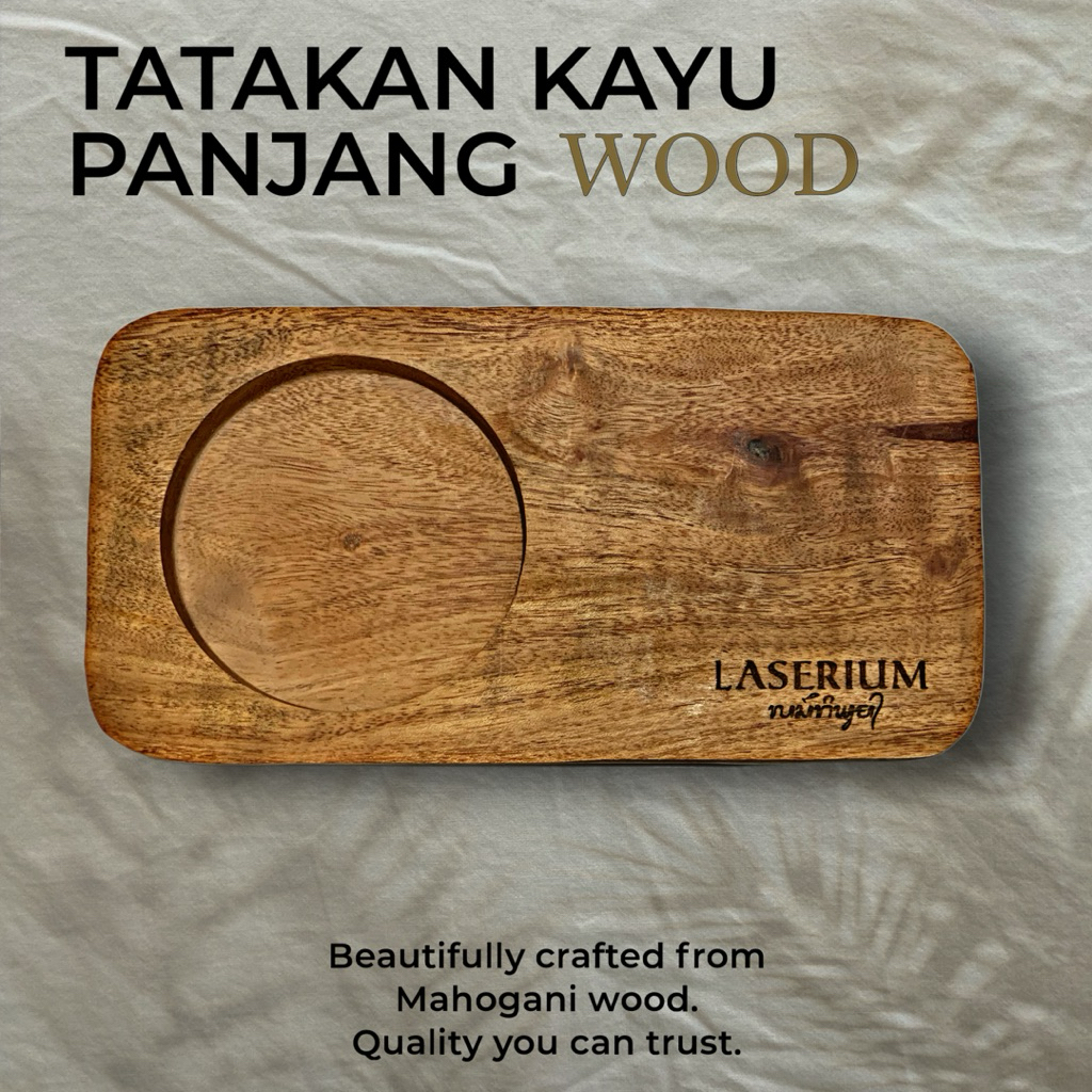 Tatakan Panjang Kayu Mahoni Custom Premium – Tatakan Panjang Gelas Kayu Ukir Laser Custom