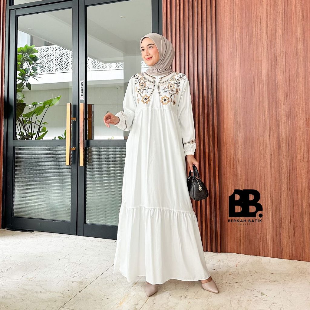 Berkahbatik - Naira Dress Gamis Bordir Bahan Rayon Twill Premium Modis Elegan Nyaman